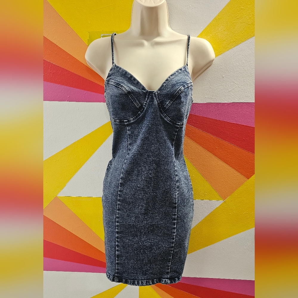 Stretchy Fashion Nova Jean Dress, sz Large, adj straps